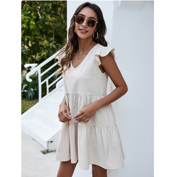 Ruffle Detail A-line V-Neck Mini Dress - Picture 6 of 8